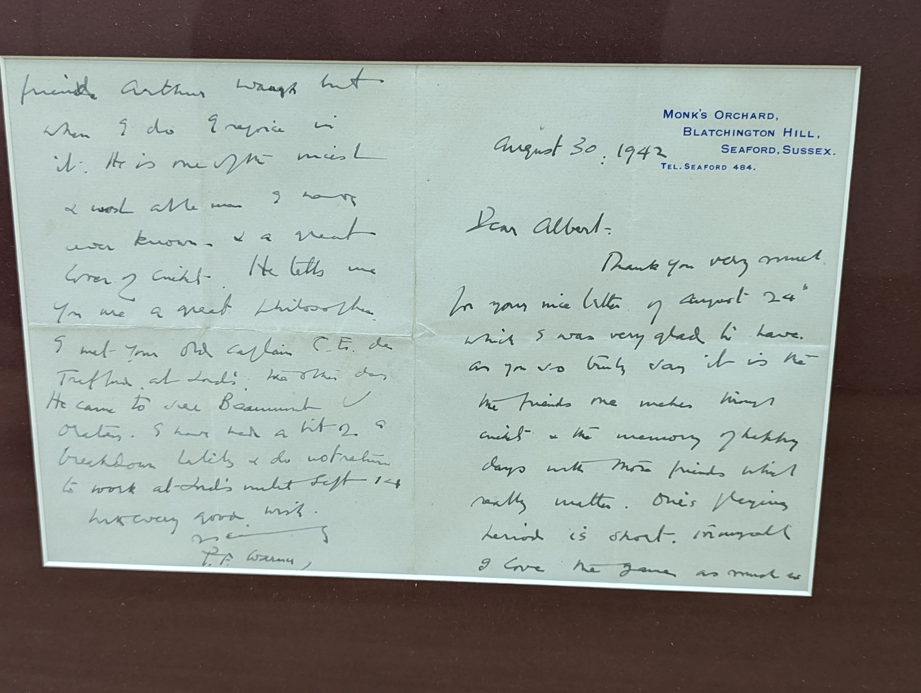 Ashes Cricket memorabilia: England Touring Australia, 1903-4, framed autographs of the England players on a photo of RMS Orontes and a framed letter written by the former captain of the Ashes tour Sir Pelham Francis ‘Plu